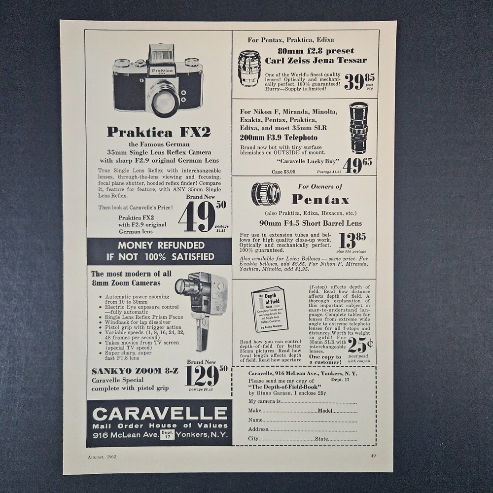 1962 Caravelle‎ Photography Equipment Vintage Print Ad Pentax Zeiss Yonkers NY